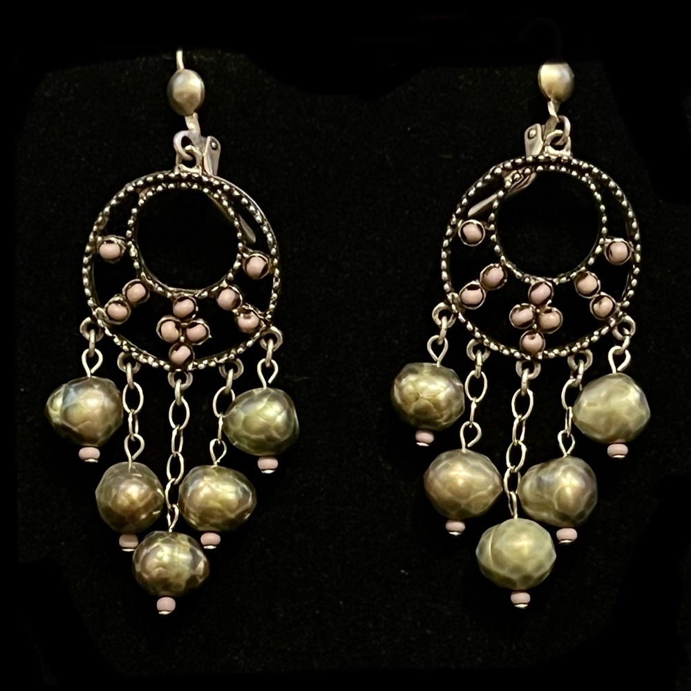 Green and Pink Drop Pierced Earrings, Silver Setting, Great Condition